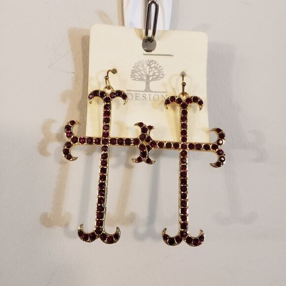 LARGE CROSS RED BURGUNDY RHINESTONE DANGLE EARRINGS NWT - Picture 1 of 1